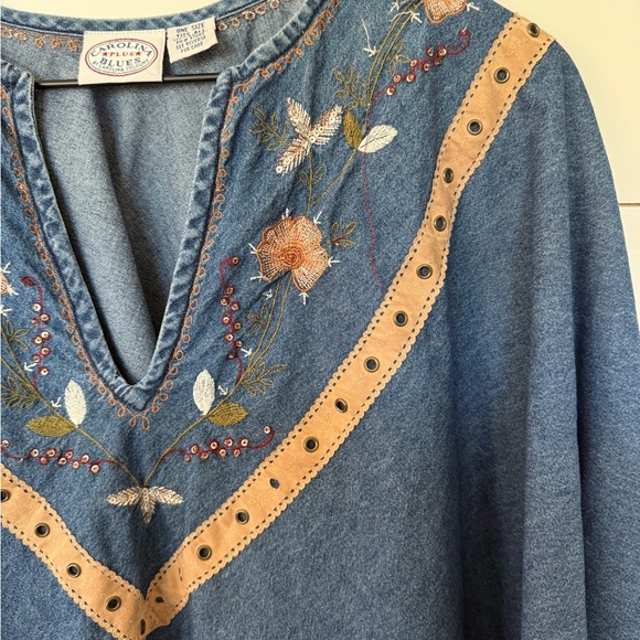 Embroidered Denim Poncho with Fringe - Picture 3 of 4